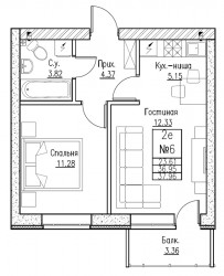 Двухкомнатная квартира (Евро) 40.8 м²