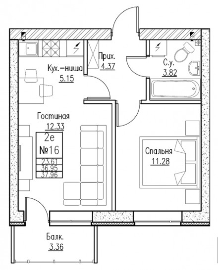 Двухкомнатная квартира (Евро) 40.8 м²