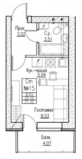 Студия 22.7 м²