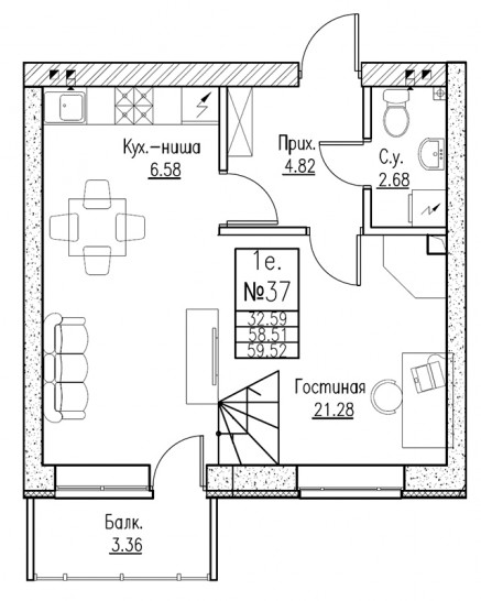 Двухкомнатная квартира (Евро) 63.6 м²