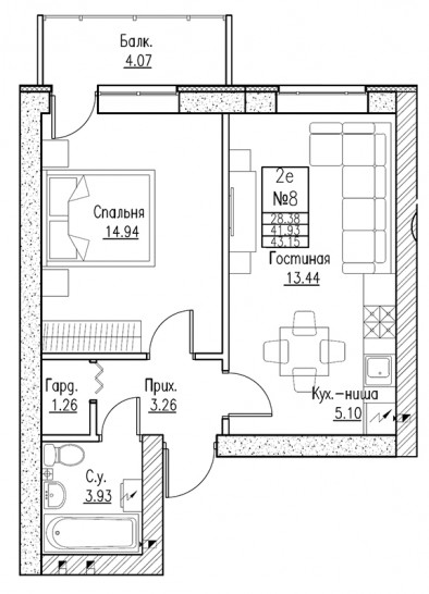 Двухкомнатная квартира (Евро) 47.4 м²