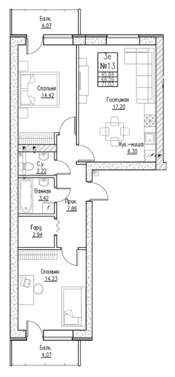Двухкомнатная квартира 73.7 м²