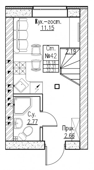 Двухкомнатная квартира (Евро) 37.1 м²