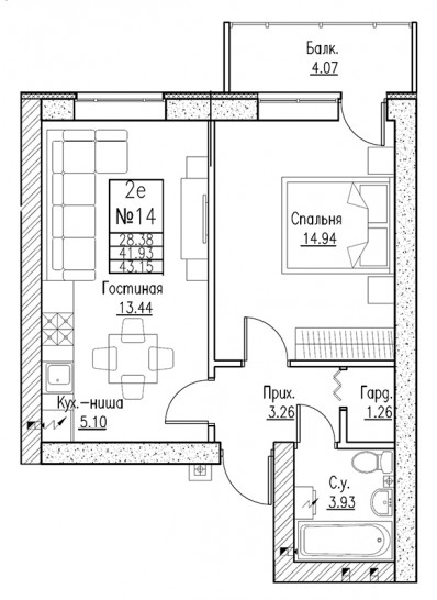 Двухкомнатная квартира (Евро) 45.6 м²