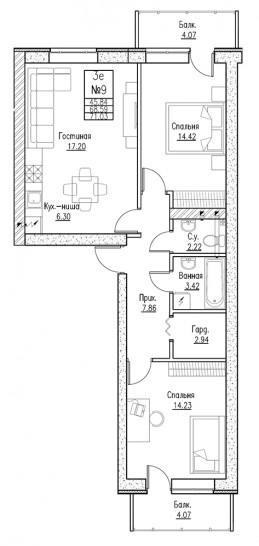 Двухкомнатная квартира 75.3 м²